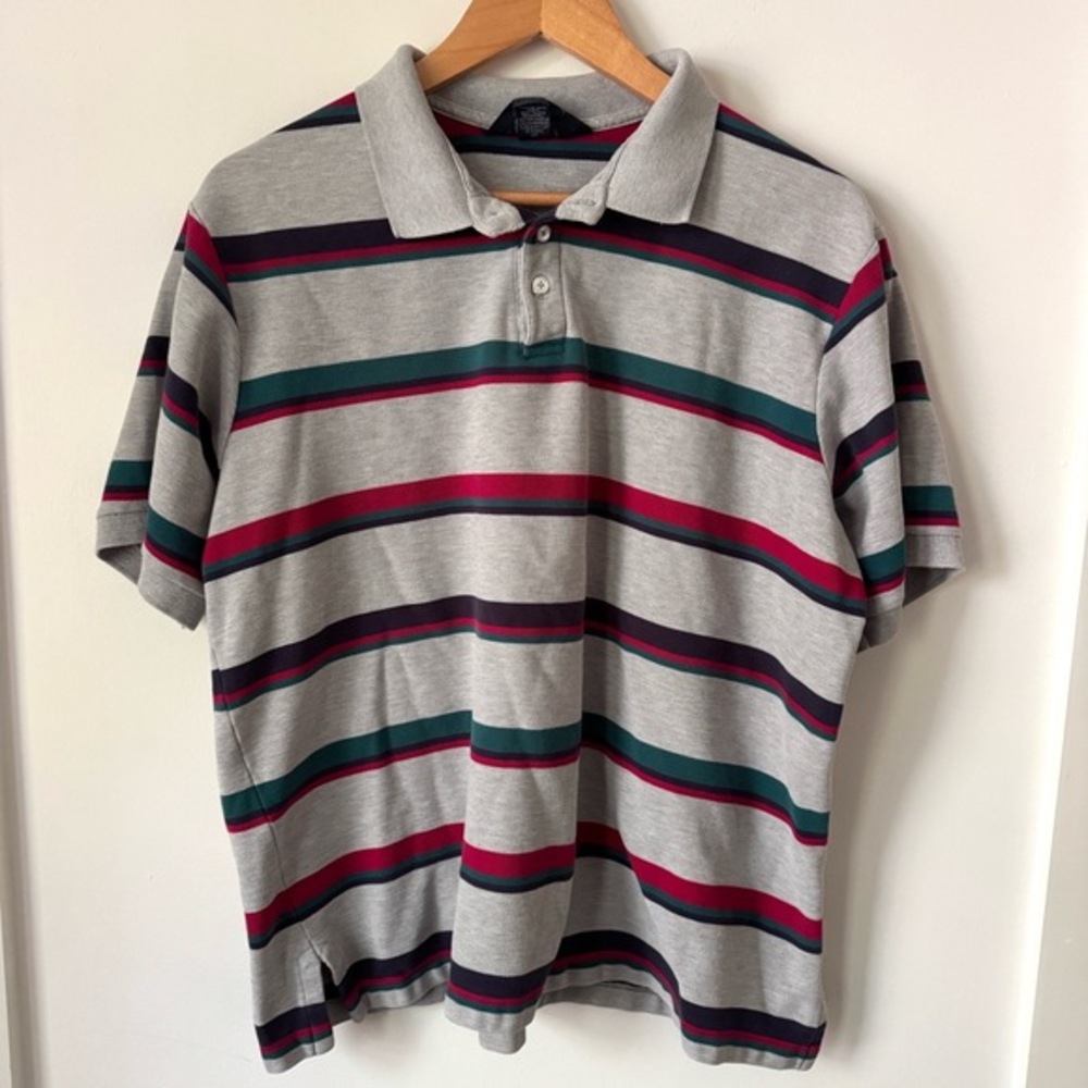 Vintage 90s Lands End Polo Shirt Mens XL Made in USA Gray Stripe Y2K Dadcore‎